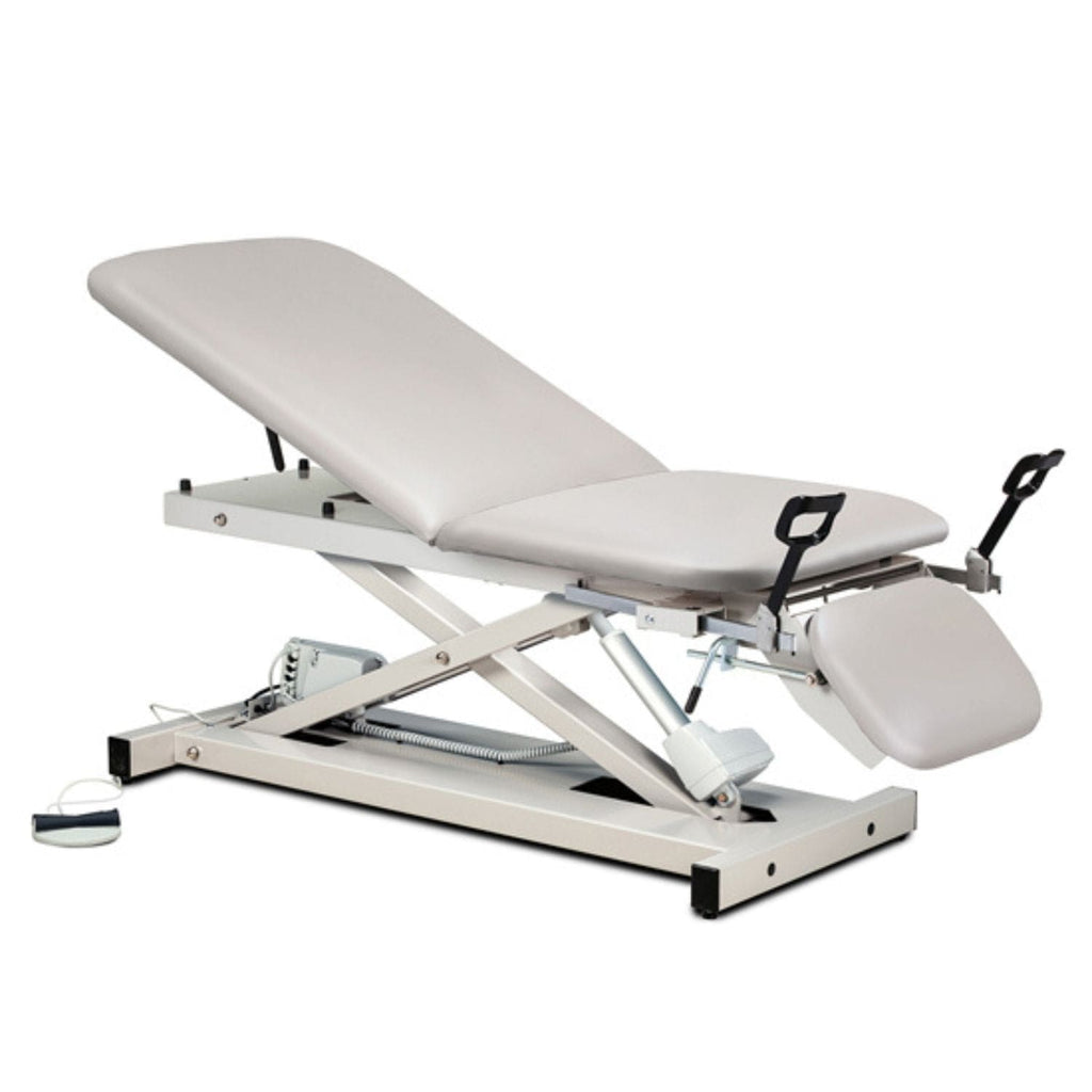 Open Base Power Exam Table with Stirrups, Adjustable Backrest and Footrest - sold by Dansons Medical - manufactured by Clinton Industries