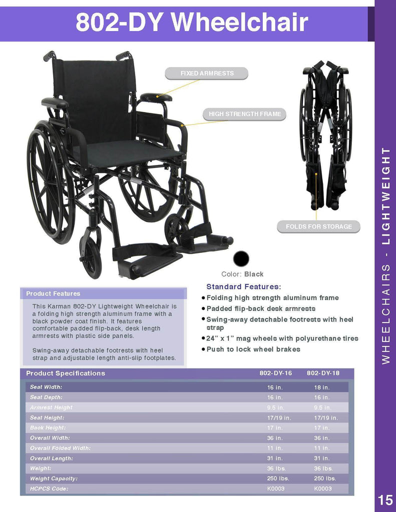 Karman 802-DY Ultra Lightweight Wheelchair - sold by Dansons Medical - Ultra Lightweight Wheelchairs manufactured by Karman Healthcare