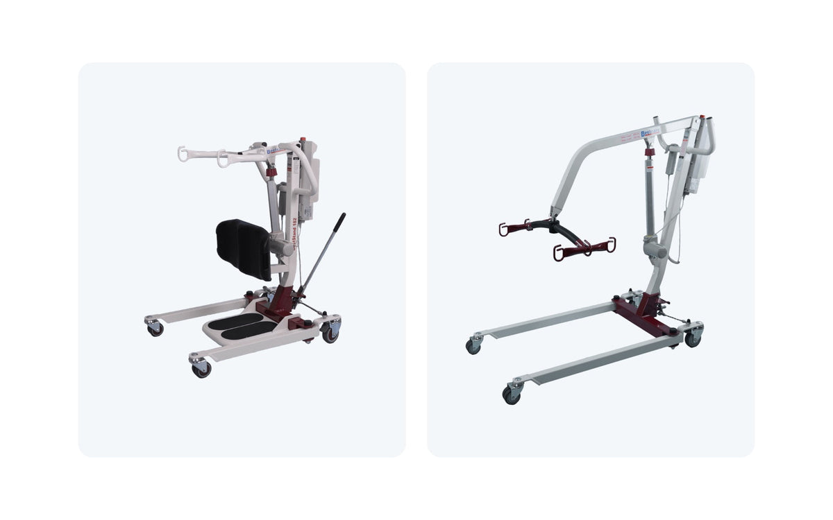 A stand assist and a full-body patient lift side by side