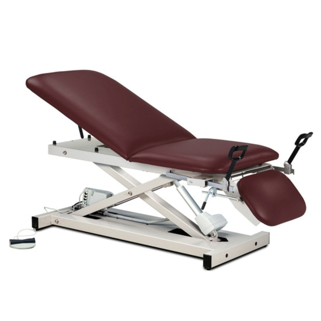 Open Base Power Exam Table with Stirrups, Adjustable Backrest and Footrest - sold by Dansons Medical - manufactured by Clinton Industries 