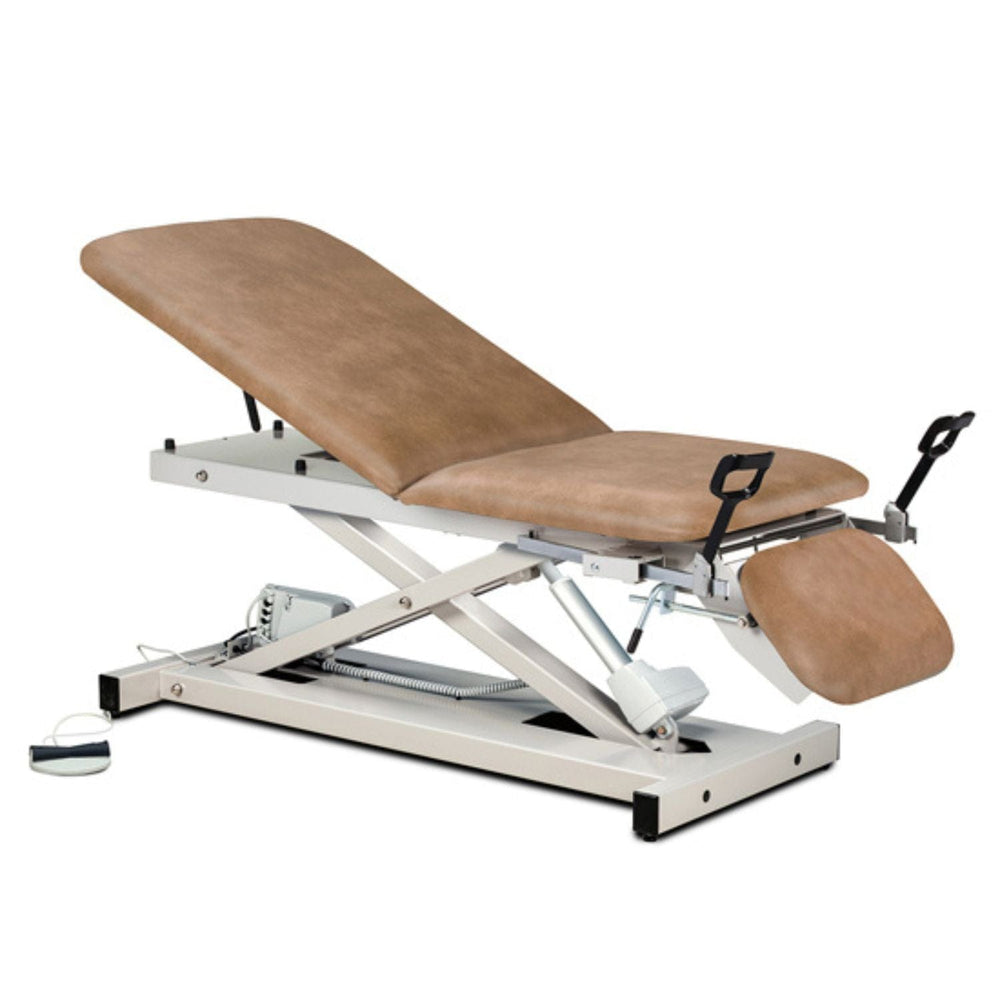 Open Base Power Exam Table with Stirrups, Adjustable Backrest and Footrest - sold by Dansons Medical - manufactured by Clinton Industries 