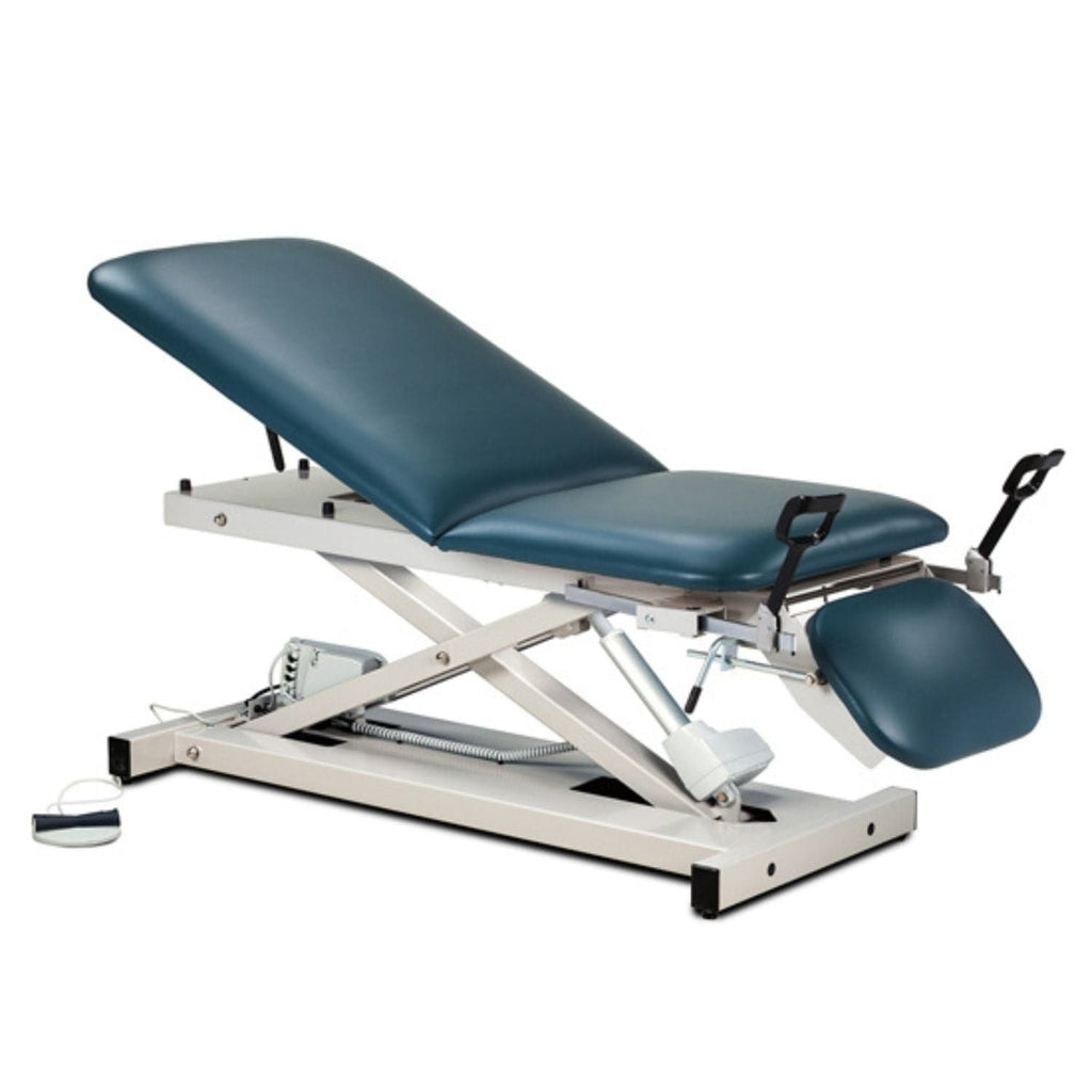 Open Base Power Exam Table with Stirrups, Adjustable Backrest and Footrest - sold by Dansons Medical - manufactured by Clinton Industries 