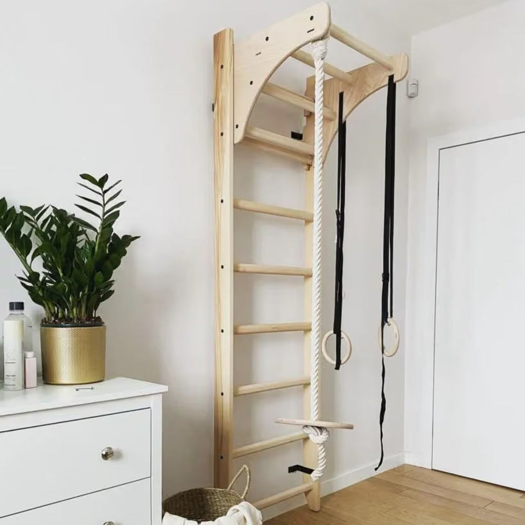 BenchK 111+A204 Kids Wooden Wall Bars with Pull-Up Bar & Gym Accessories Set