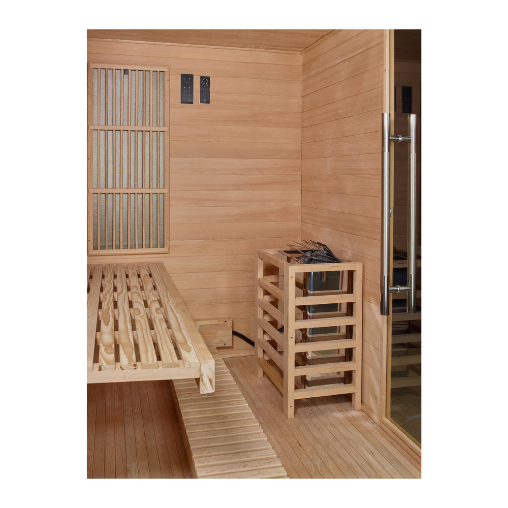 Golden Designs Soria 3-Person Full Spectrum Hybrid Indoor Sauna with Harvia Stove, a Saunas by Golden Designs (SCS) available at Dansons Medical