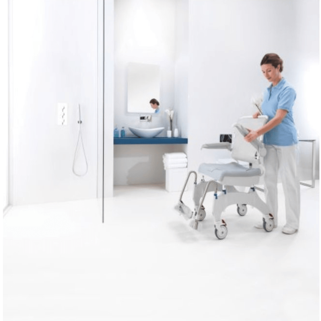 Invacare Aquatec Ocean Ergo Shower Commode with Collection Pan, Lid and Pan Support Guide Rail - sold by Dansons Medical - Commodes manufactured by Invacare